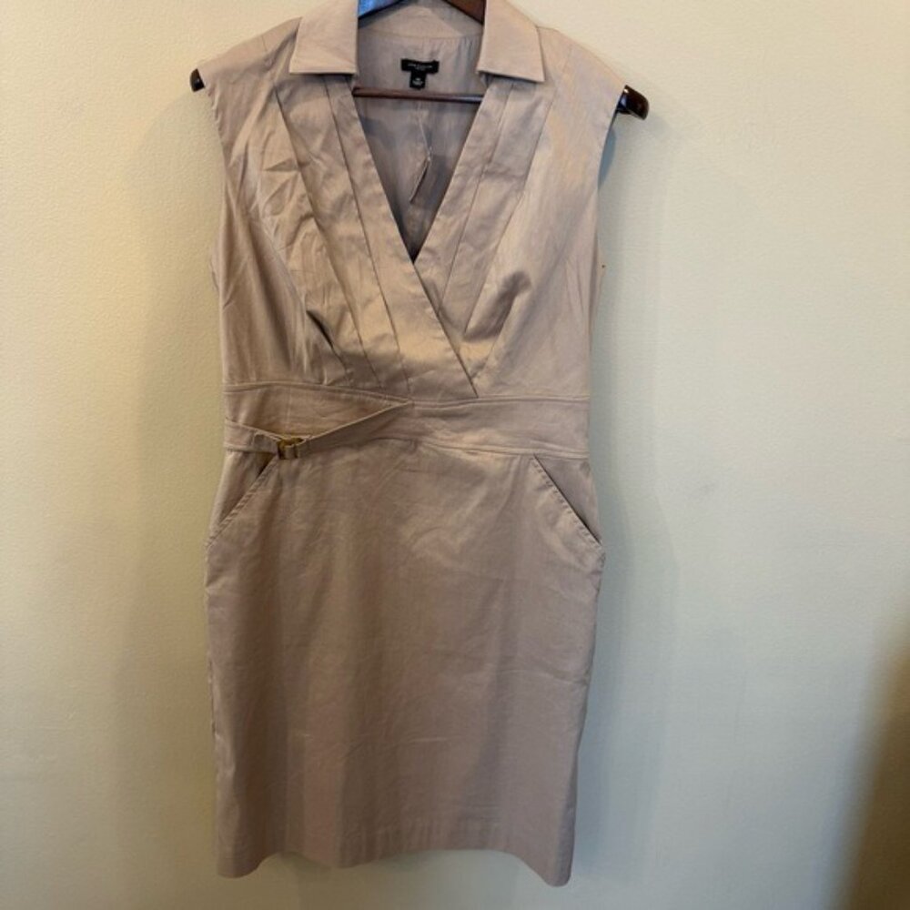 Ann Taylor Sleeveless Khaki Tan Cotton Blend Dress Size 10 Belted Pockets NWT - Picture 3 of 11